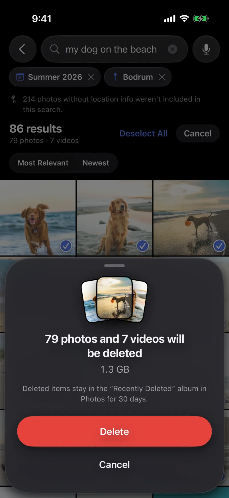Delete summary sheet: 79 photos and 7 videos will be deleted, 1.3 GB, kept in Recently Deleted for 30 days.