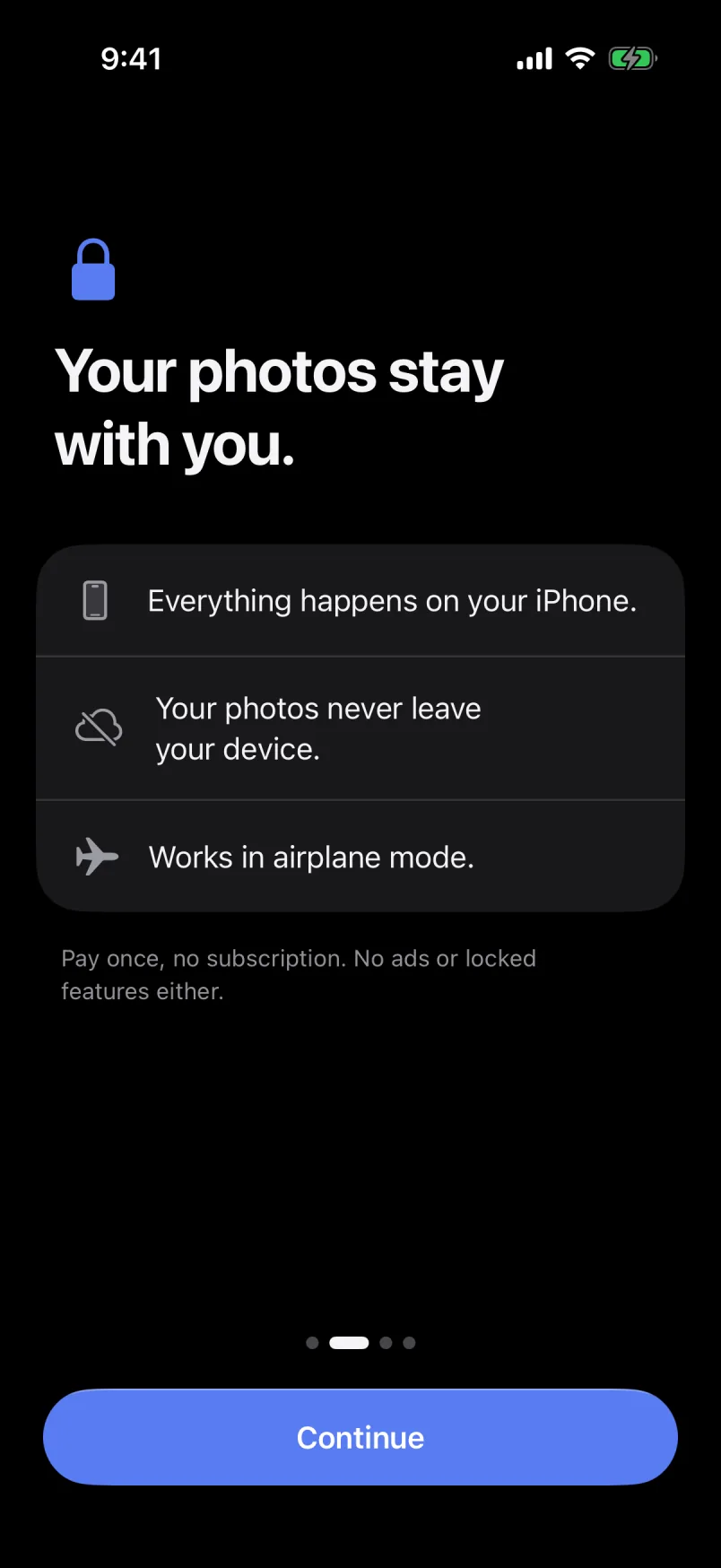 Galivo onboarding in dark mode: “Your photos stay with you.” Everything happens on your iPhone, your photos never leave it, works in airplane mode.