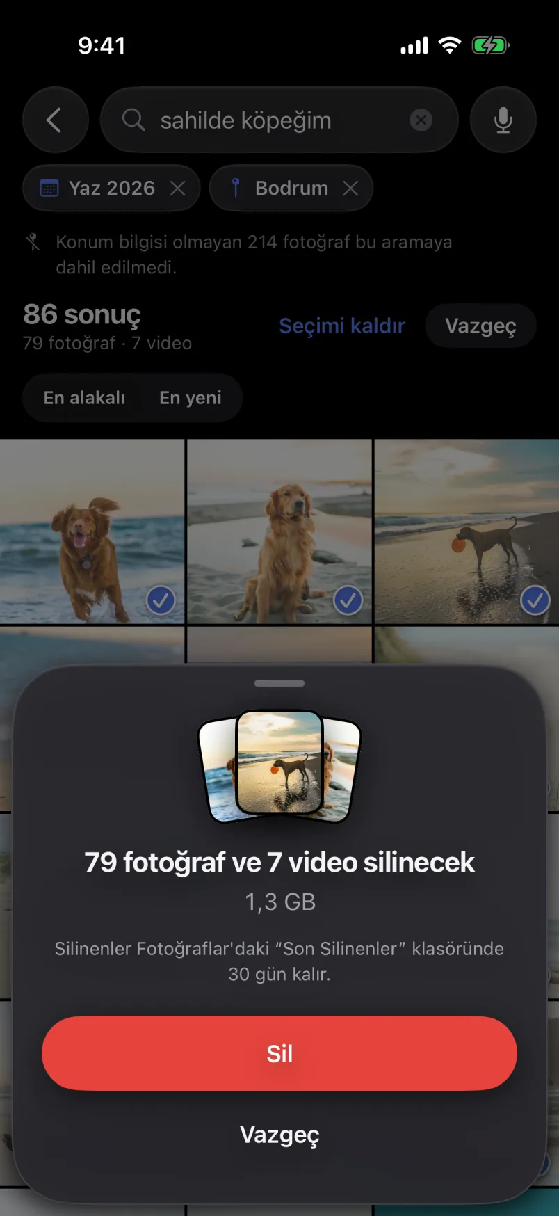 Silme özeti: 79 fotoğraf ve 7 video silinecek, 1,3 GB; silinenler 30 gün boyunca Son Silinenler’de kalır.