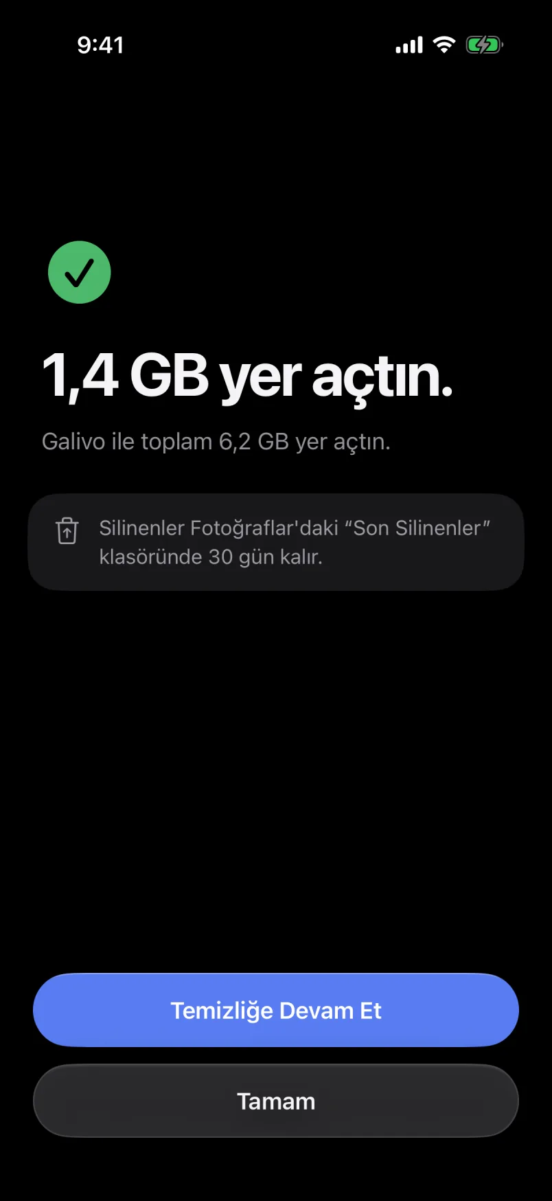 Temizlik tamam: “1,4 GB yer açtın.” Galivo ile toplam 6,2 GB yer açıldı; silinenler 30 gün Son Silinenler’de kalır.